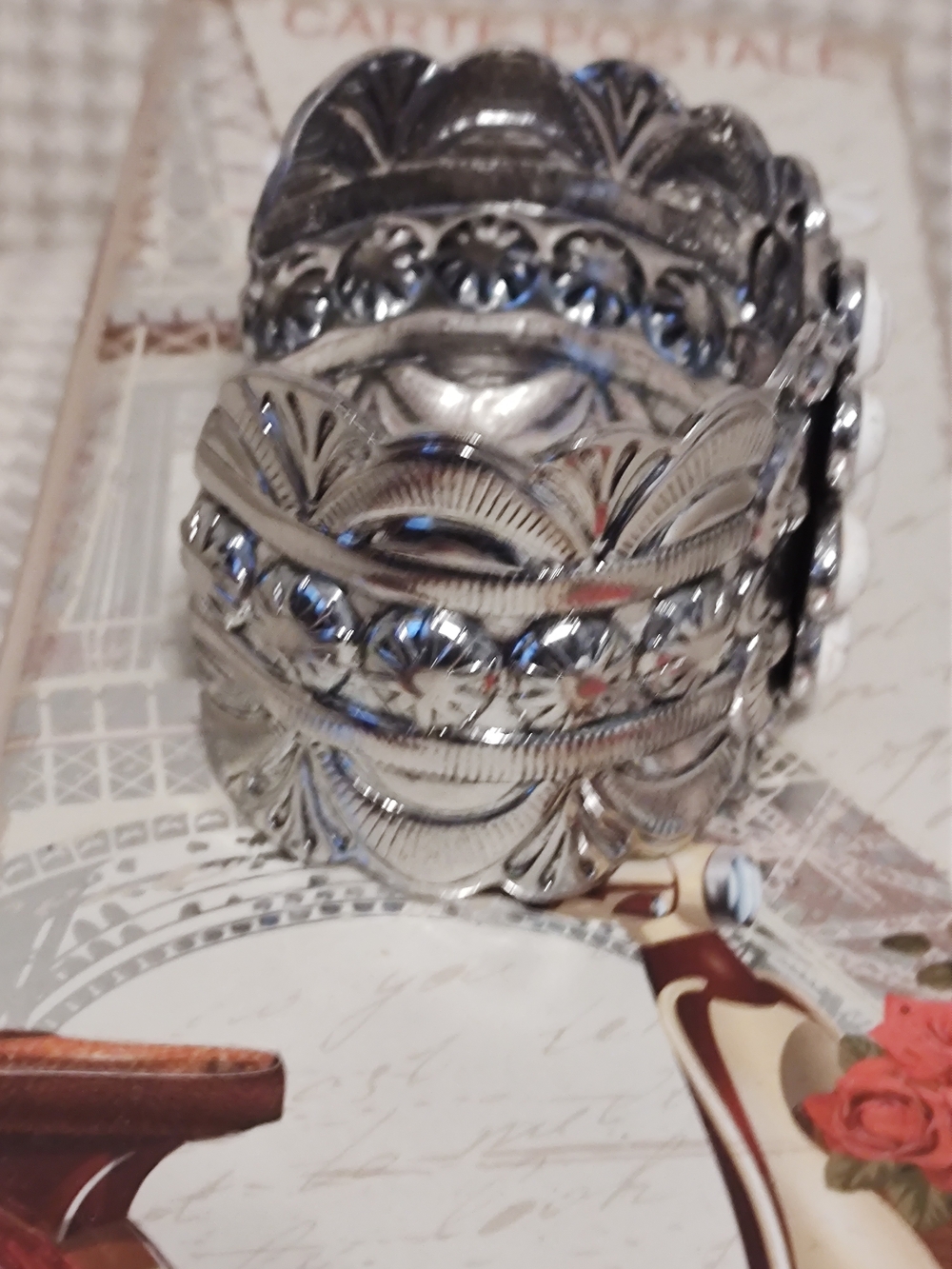 White Stone Flower Cuff Bracelet - Silver Tone - Picture 3 of 6